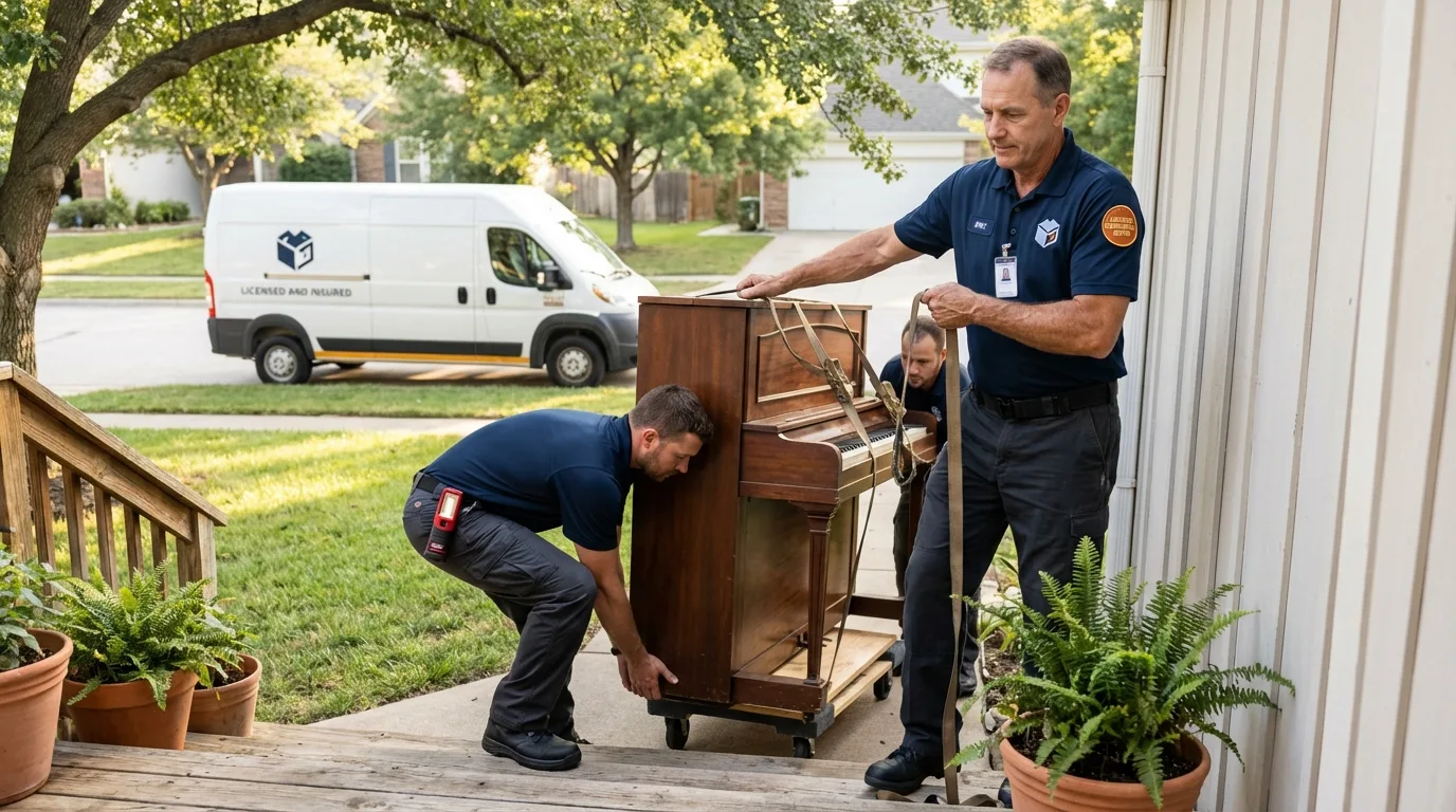 Licensed piano movers securing grand piano in Leverett, MA
