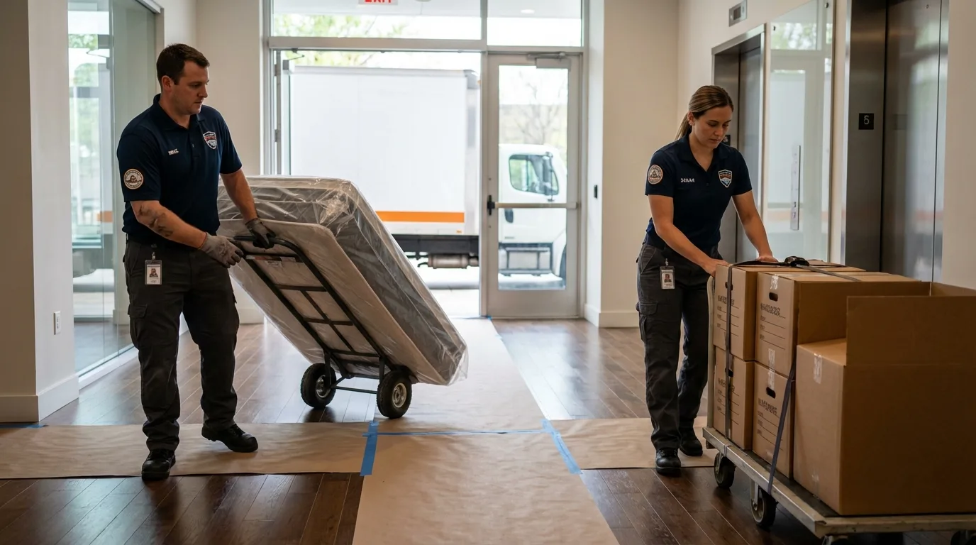 Professional apartment movers loading elevator in Leverett, MA